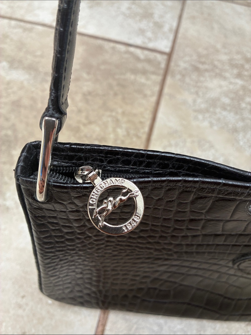 Longchamp Black Croc-Embossed Shoulder Bag with Silver Toggle - Picture 3 of 10